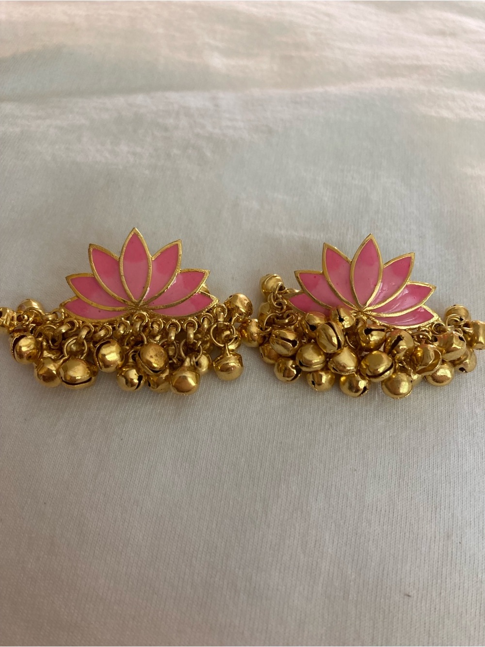 Pink Enameled Vintage Flower Earrings with Metal Dangle Beads